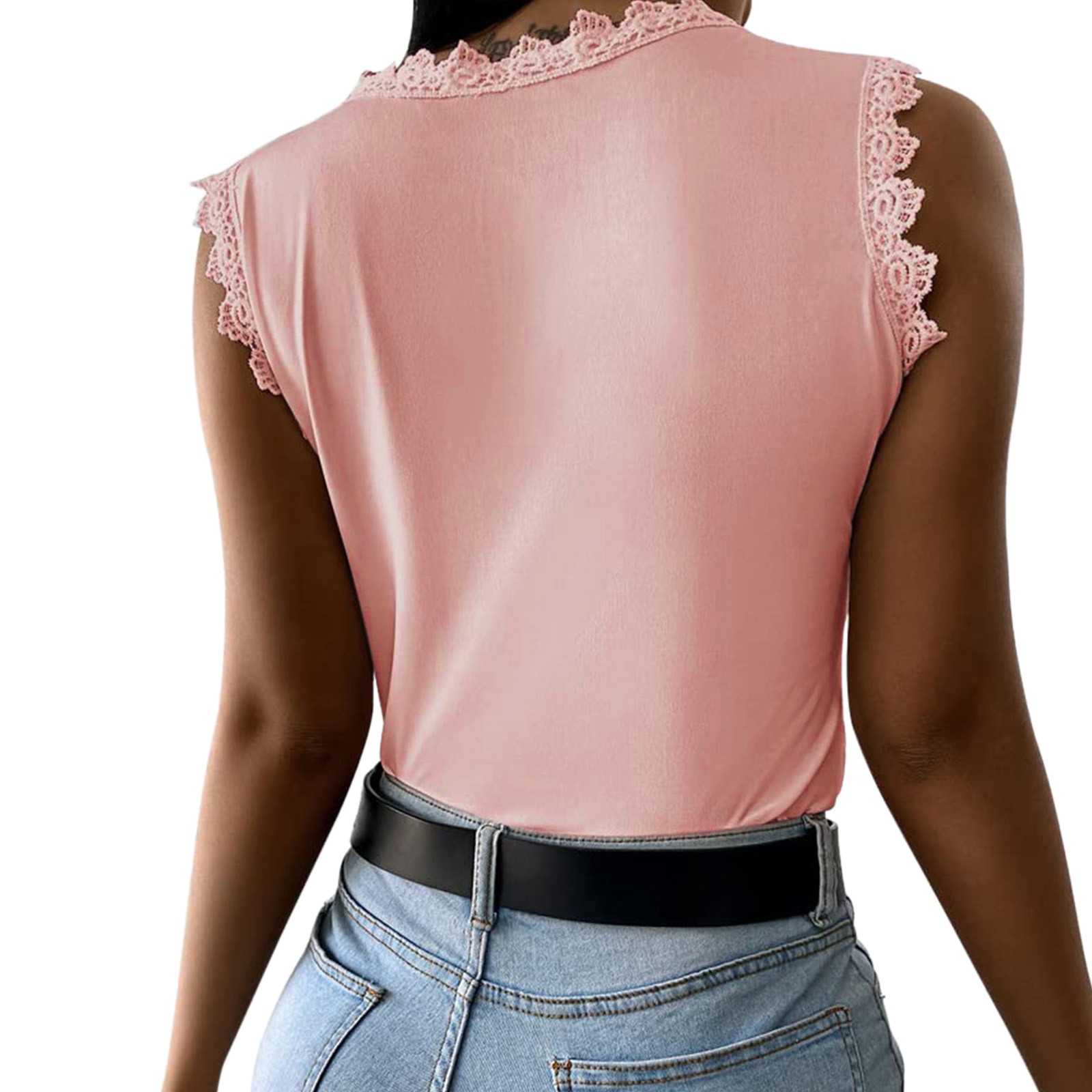 thumbnail image 3 of Camiseta sin mangas con cuello en V y encaje para mujer: poliéster, botones en la espalda, bordado floral, informal para el verano, 3 of 6